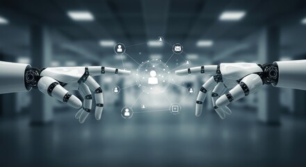 Robot hands extending fingers towards a network of social media icons