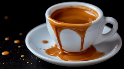 Obraz premium Freshly Spilled Espresso in White Cup on Dark Background