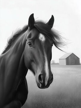 Black and white portrait of a horse in a field. the horse is facing towards the right side of the image, with its head turned slightly to the left.