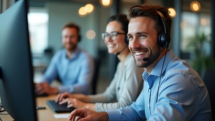 Smiling call center team provides customer service with dedication and focus
