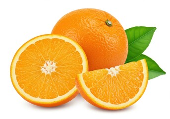 A vibrant still life of oranges featuring a whole fruit a half slice and a wedge on a white background