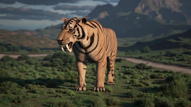 Tigre &agrave; dents de sabre marchant dans une vall&eacute;e verte entour&eacute;e de montagnes

