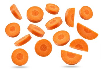 Isolated carrot slices and wedges floating in the air against a plain white studio background shot close up