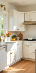 Fototapeta premium A lavish kitchen with white cabinets, quartz countertops, and a farmhouse sink, decorated with fresh flowers on a bright spring morning.