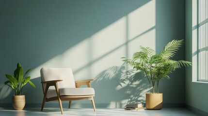 Sunlit room with armchair, plants, and books.