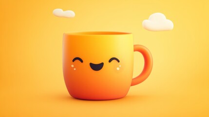 Happy orange mug with cute face, 3D render.
