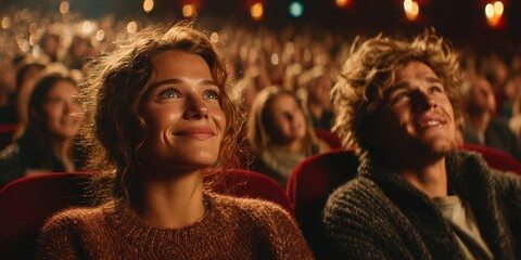 Joyful couple enjoying a movie together in a packed theater during an evening show
