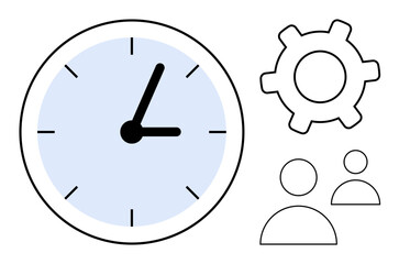 Clock showing time, gear symbolizing processes, and two people icons suggesting teamwork. Ideal for planning, collaboration, productivity, organization, time tracking workflow strategy. Flat simple