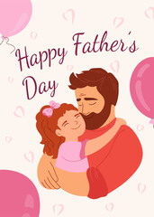 Happy Father's Day Father and daughter hugging with love and tenderness Dad with girl in pink dress with heart background Cute cartoon vector illustration for greeting card, holidays poster or banner