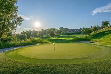 A resort golf course provides the setting for a golf cart, placed on a field of green grass with a blue sky above, offering ample space to insert a banner for sports