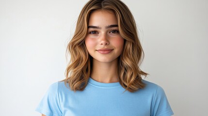 Obraz premium Natural Portrait of a Young Woman with Long Wavy Hair in a Blue T-Shirt Against a Soft Background