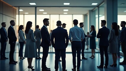 Fototapeta premium Silhouetted business teams convene in a modern office building for discussions