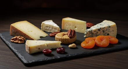 Artisanal cheese selection elegantly displayed on dark stone plate, gourmet treat