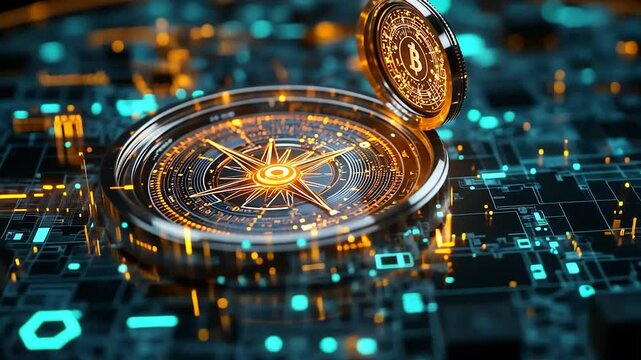 Digital compass with Bitcoin symbol, circuit board background, guiding investment direction