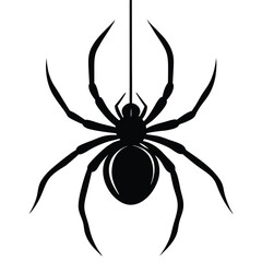 Silhouette of a black spider hanging from a thread vector illustration design