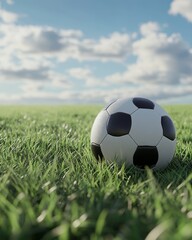 Fototapeta premium A blue sky serves as the backdrop for a black and white football that has been placed on the grass