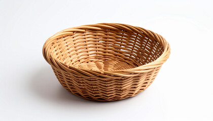 Light brown rattan woven basket on white surface. Handmade product.