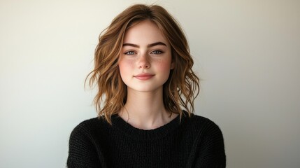 Obraz premium Confident Young Woman with Wavy Hair in Sweater and Natural Makeup, Studio Portrait
