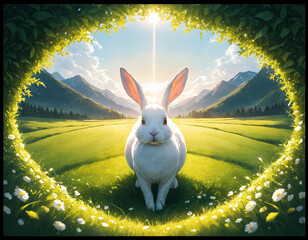 White rabbit in the green meadow.