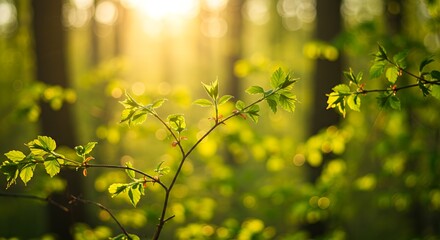 Sunlight shining through young green leaves in spring forest with bokeh
