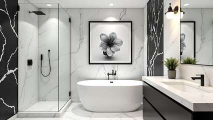 Modern Black and White Bathroom Interior Design with Luxury Marble Accents