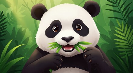 Charming Panda Illustration Enjoying Bamboo Leaves in a Lush Jungle Setting