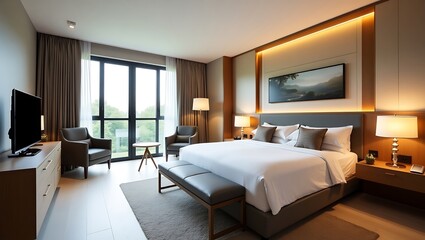 Elegant bedroom interior with modern design elements and natural light infusion