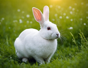 White rabbit in the green meadow.