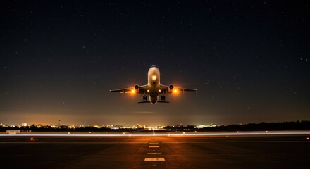 Night flight takeoff showcases airplane ascending into star studded sky