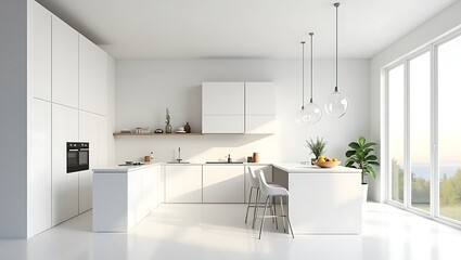 Fototapeta premium Minimalist kitchen interior design with bright light and clean architecture