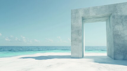Minimalist concrete structure by the ocean at bright sunny day