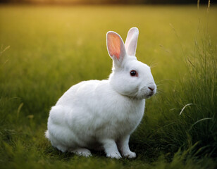 White rabbit in the green meadow.