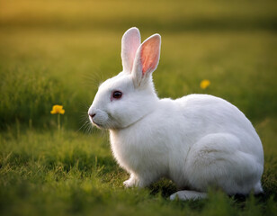 White rabbit in the green meadow.