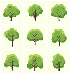 Set of Cartoon Tree Icons – Flat Green Tree Illustrations in Vector Style