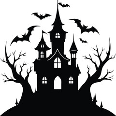 Spooky black silhouette of a haunted castle with bats flying on a white background