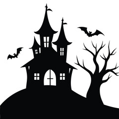 Spooky black silhouette of a haunted house bats and a barren tree for halloween
