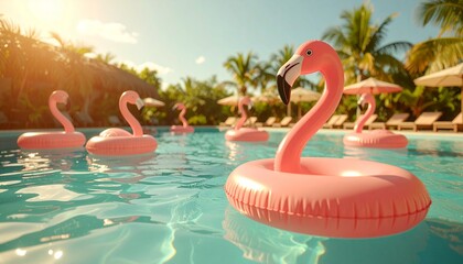 Obraz premium 3D render of multiple pink flamingo pool floats floating on a turquoise blue pool. High resolution summer concept with bright light, clean background, and minimalist style