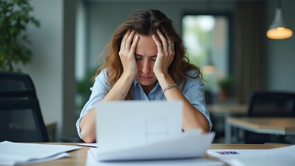 Businesswoman overwhelmed by stress, facing challenges in a modern workplace