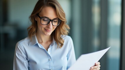 Professional woman examines report with glasses in office setting, indoor