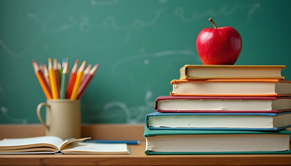 Classroom with Books, Apple, and Chalkboard Scene