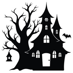 Spooky halloween haunted house silhouette with bare tree and flying bat isolated on white