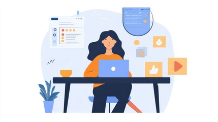 Modern woman working at a desk with various digital tools.