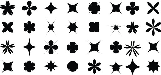 Twinkle and flare icons bundle featuring a variety of modern sparkle shapes in silhouette and vivid hues for unique digital art creations.

