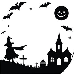Spooky halloween night scene with witch bats haunted house gravestones and moon