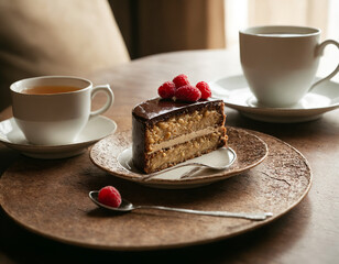 A piece of cake on a plate and a cup of tea.