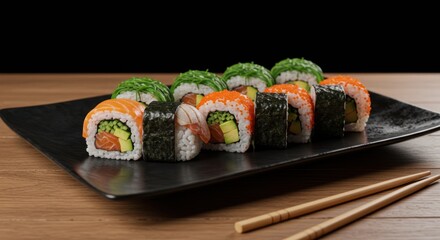 Aesthetic Sushi Rolls on Black Plate with Chopsticks Displaying Culinary Artistry