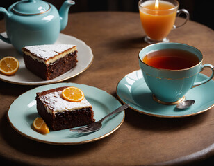 A piece of cake on a plate and a cup of tea.