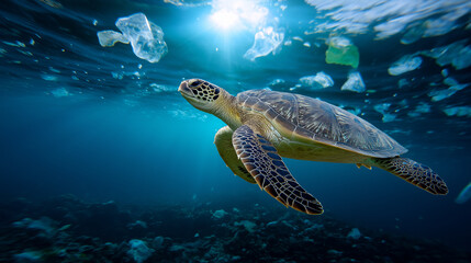 Obraz premium Sea turtle swimming underwater surrounded by floating plastic waste and pollution, highlighting environmental issues in marine ecosystems. 