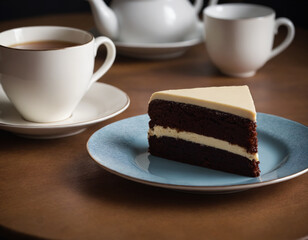 A piece of cake on a plate and a cup of tea.
