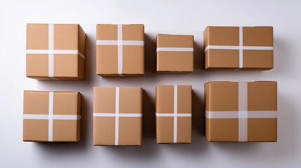 Obraz premium Top view of eight neatly wrapped cardboard boxes in brown paper with white ribbons, arranged in rows on a light surface. 